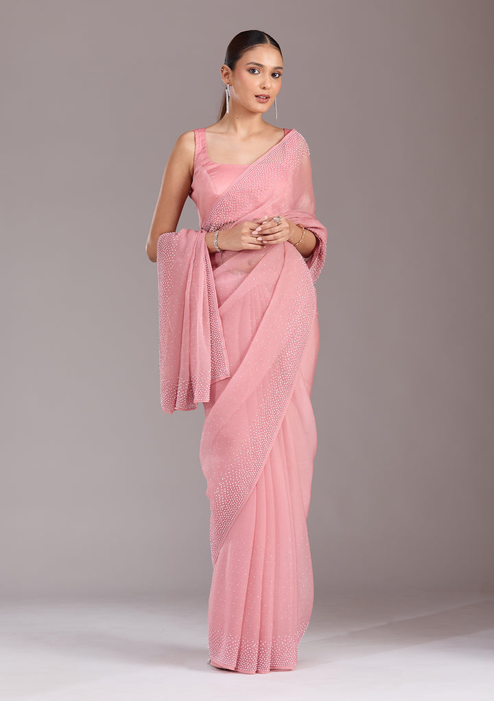 Gajari Pink Stonework (Silver) Chiffon Saree