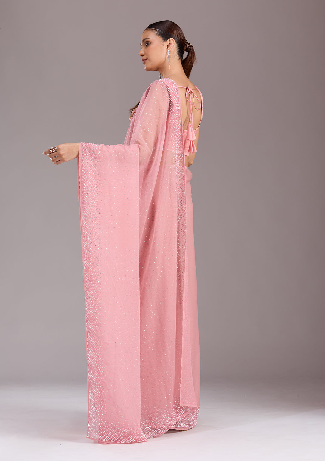 Gajari Pink Stonework (Silver) Chiffon Saree