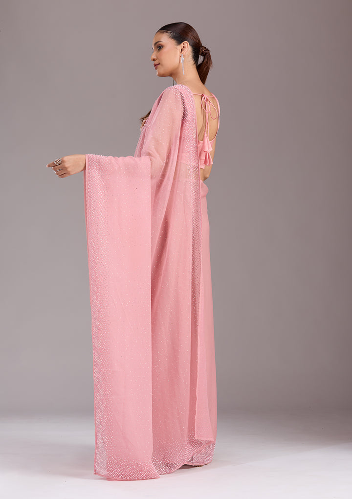 Gajari Pink Stonework (Silver) Chiffon Saree