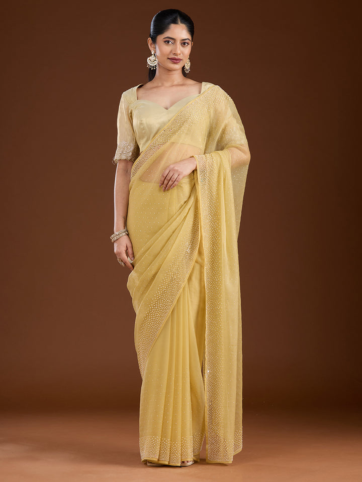 Yellow Stonework (Silver) Chiffon Saree