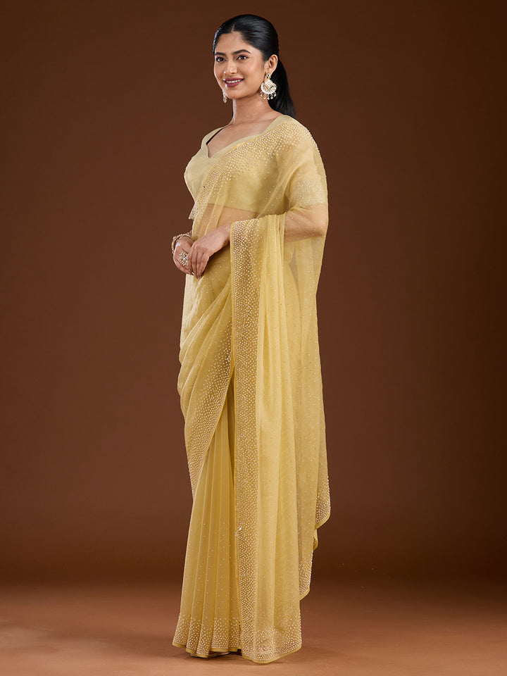 Yellow Stonework (Silver) Chiffon Saree