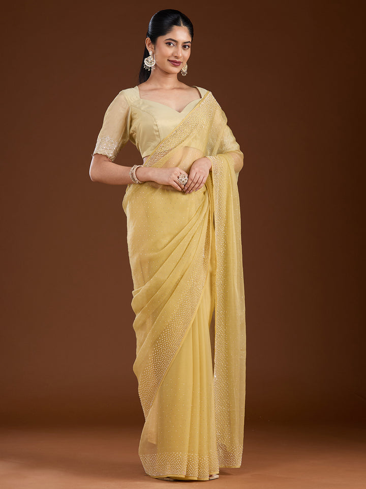 Yellow Stonework (Silver) Chiffon Saree