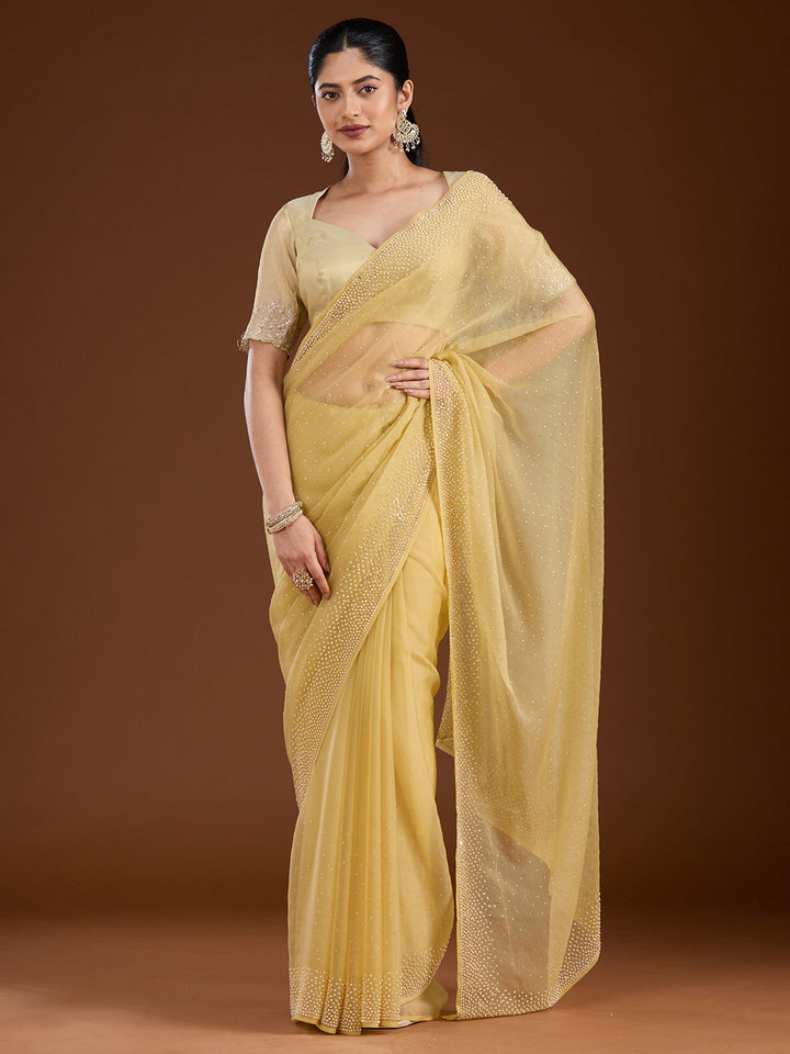 Yellow Stonework (Silver) Chiffon Saree