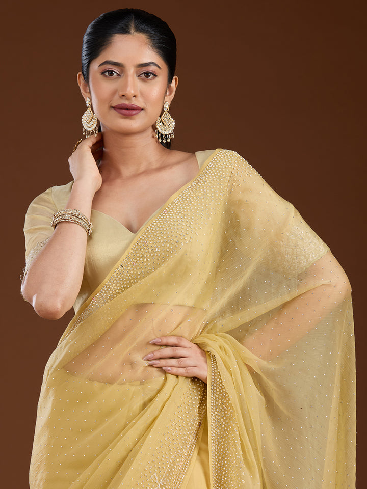 Yellow Stonework (Silver) Chiffon Saree