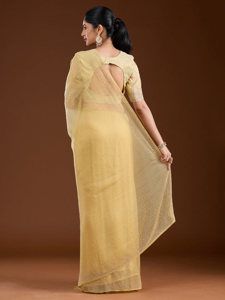 Yellow Stonework (Silver) Chiffon Saree