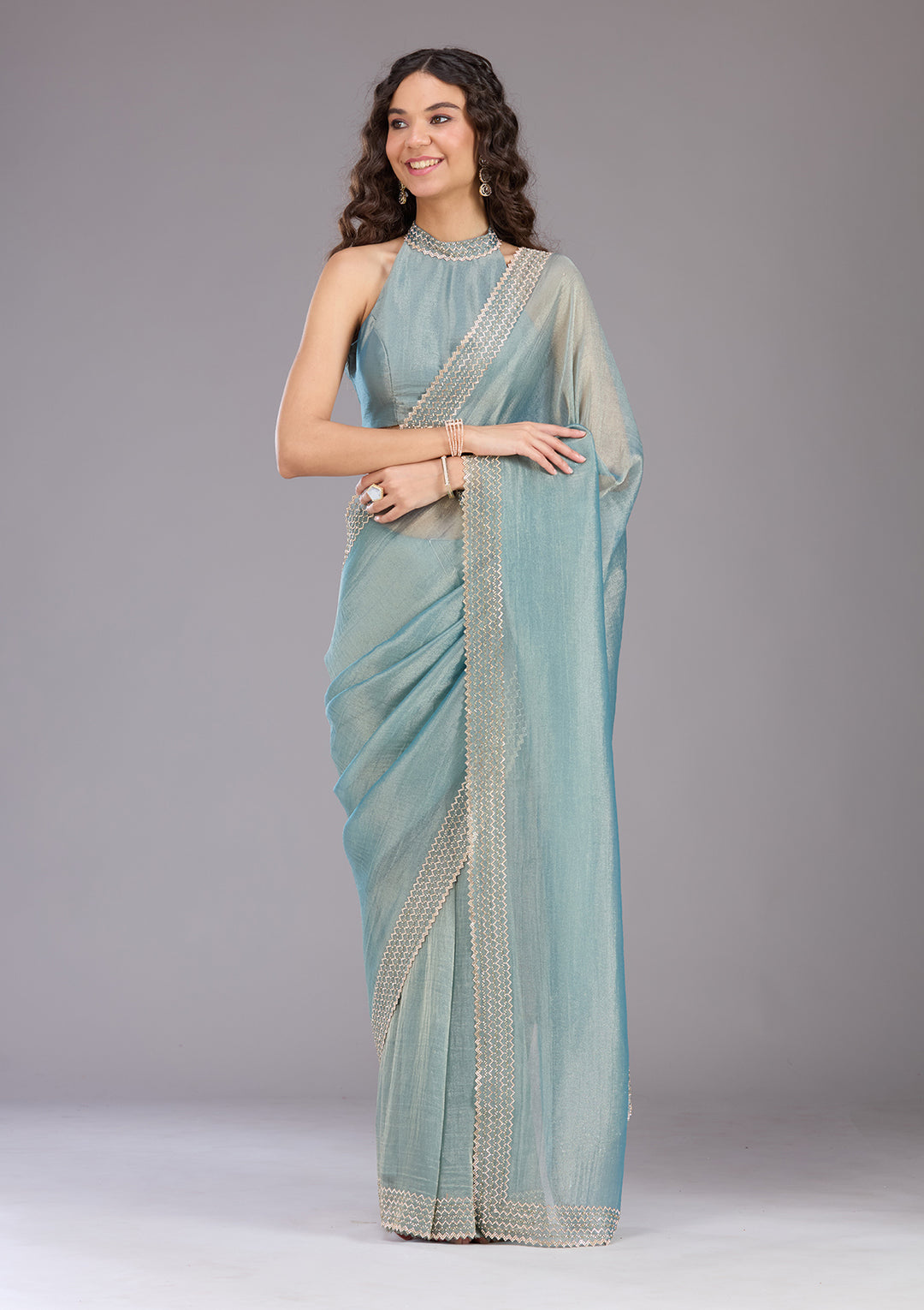 Blue Stonework (Gold) Organza Saree