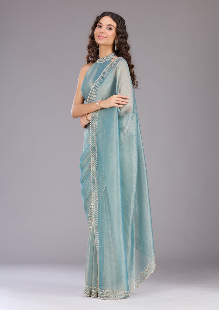 Blue Stonework (Gold) Organza Saree