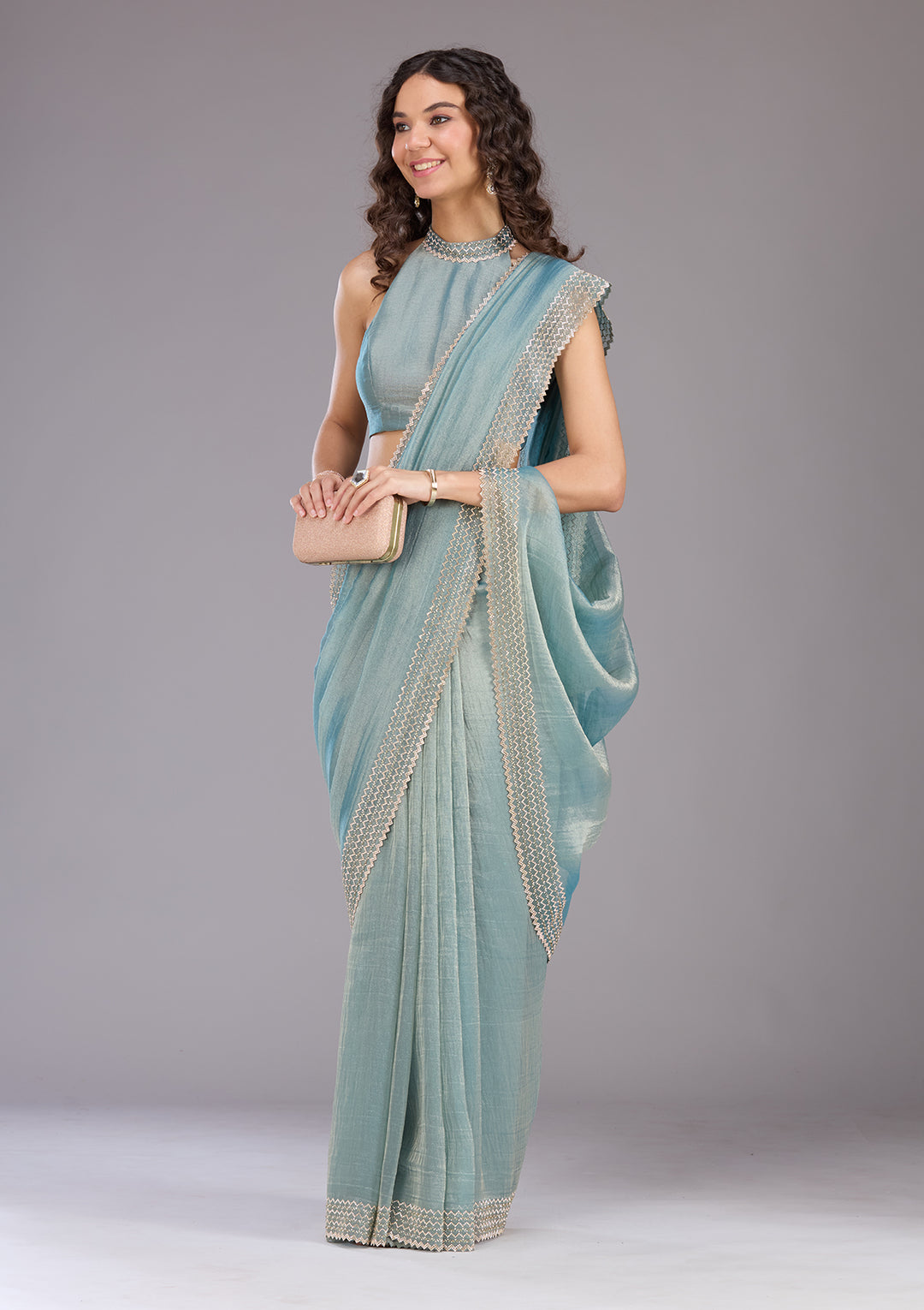 Blue Stonework (Gold) Organza Saree