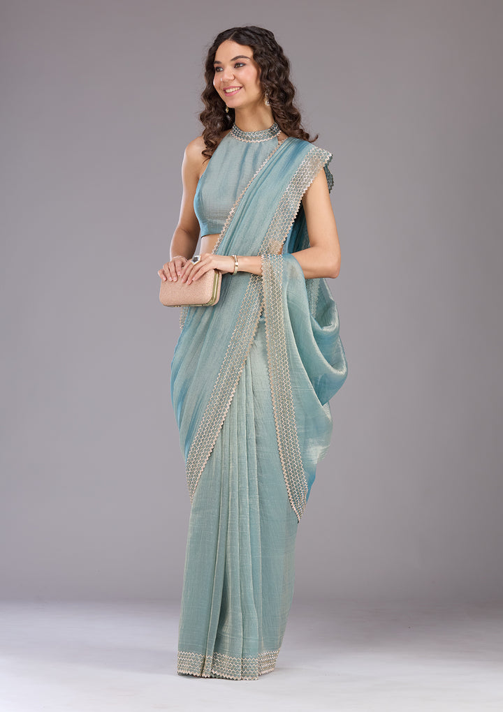 Blue Stonework (Gold) Organza Saree