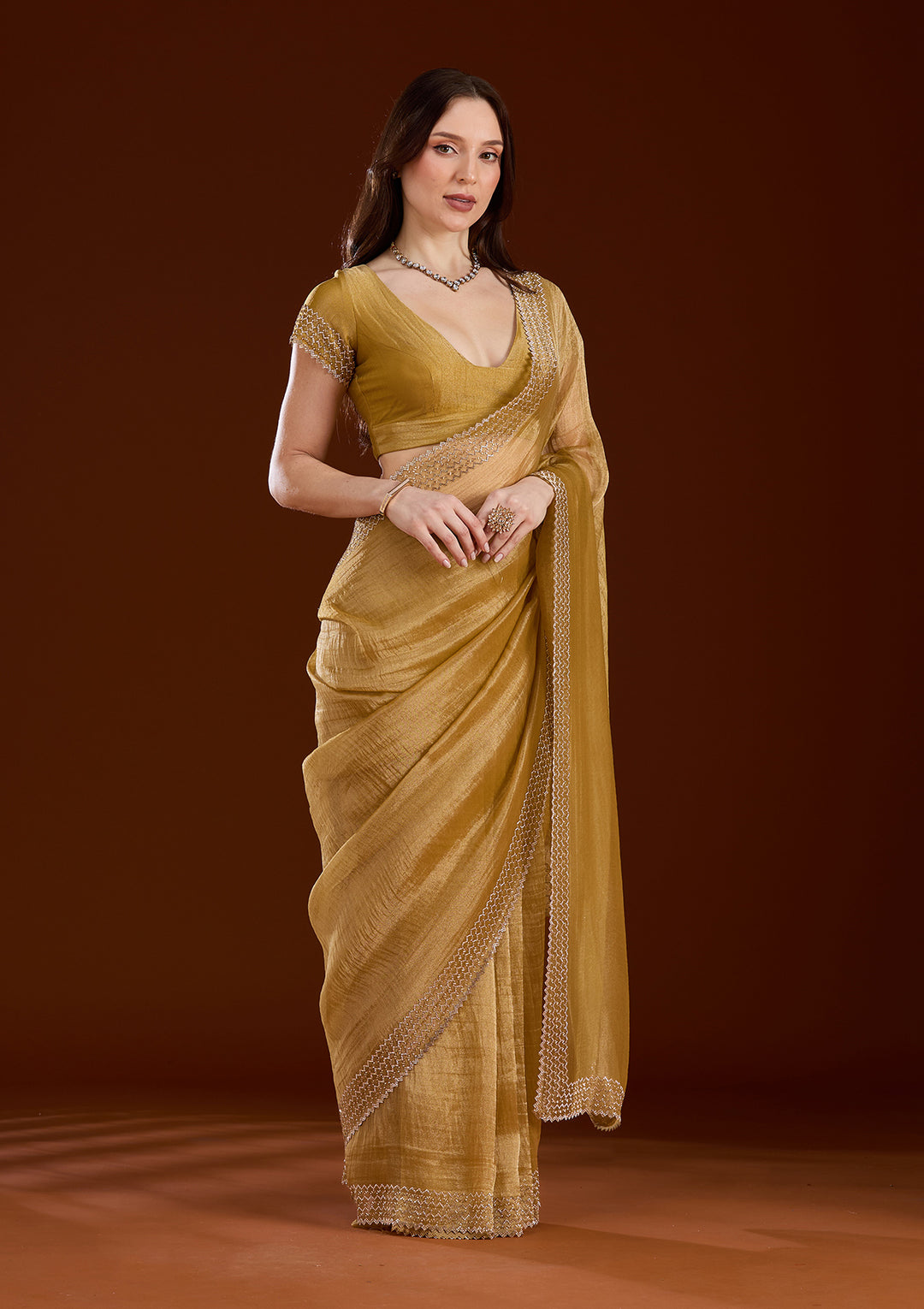 Mustard Stonework (Gold) Organza Saree