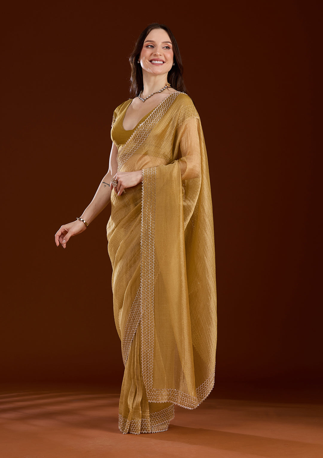 Mustard Stonework (Gold) Organza Saree