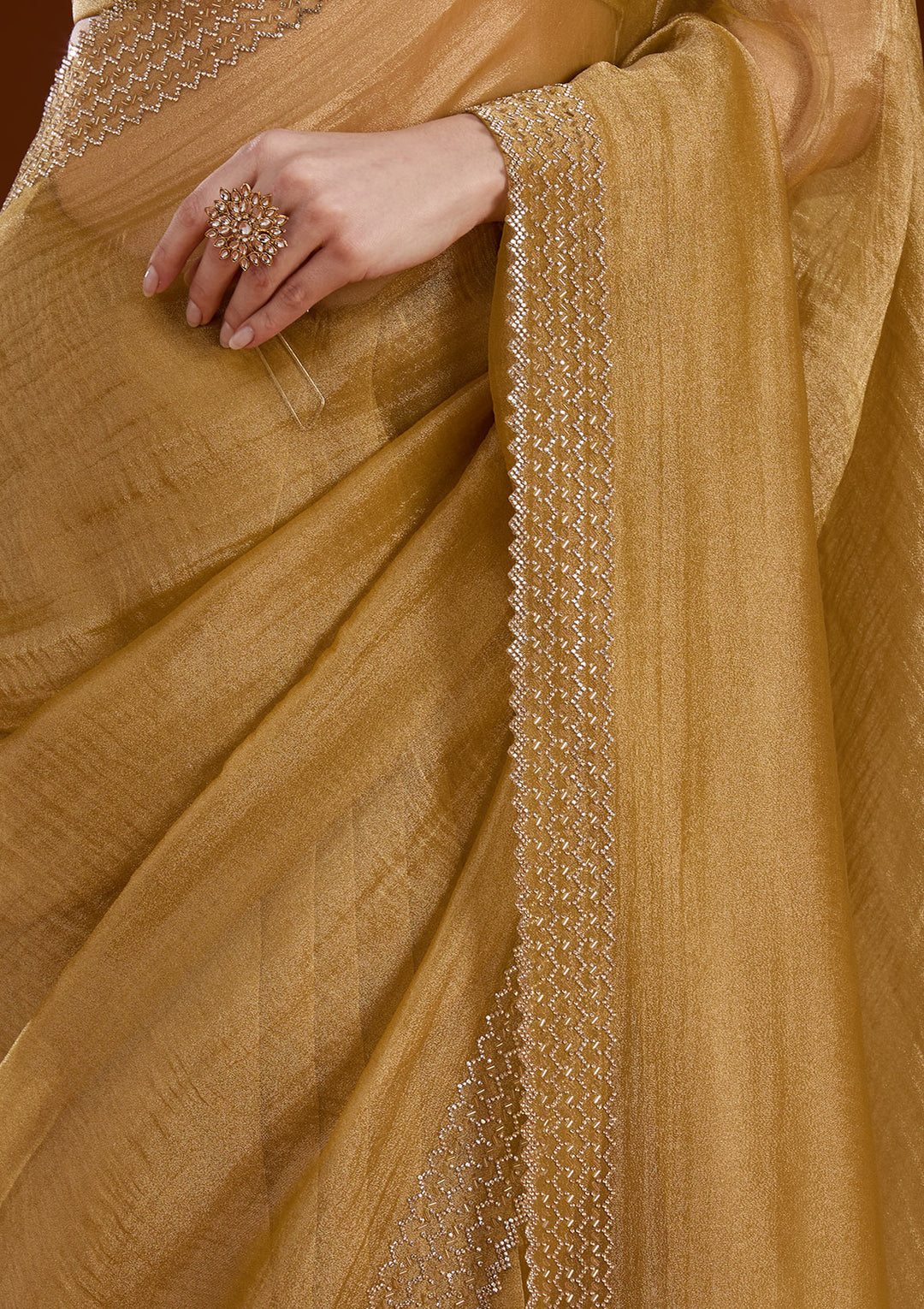 Mustard Stonework (Gold) Organza Saree