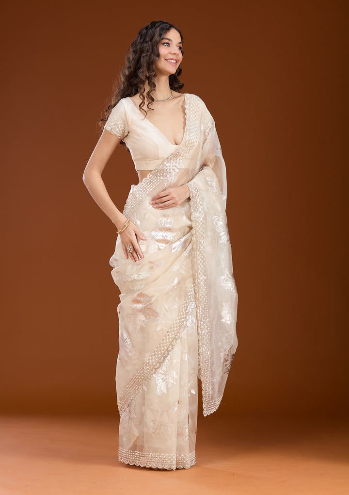 Beige Stonework (Gold) Organza Saree