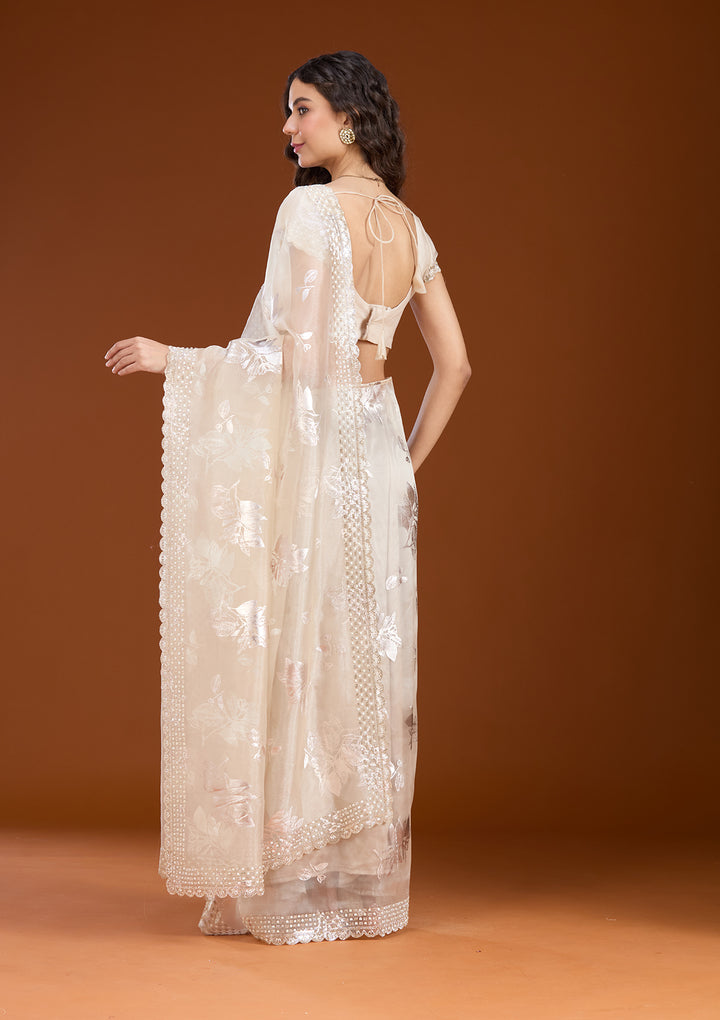 Beige Stonework (Gold) Organza Saree