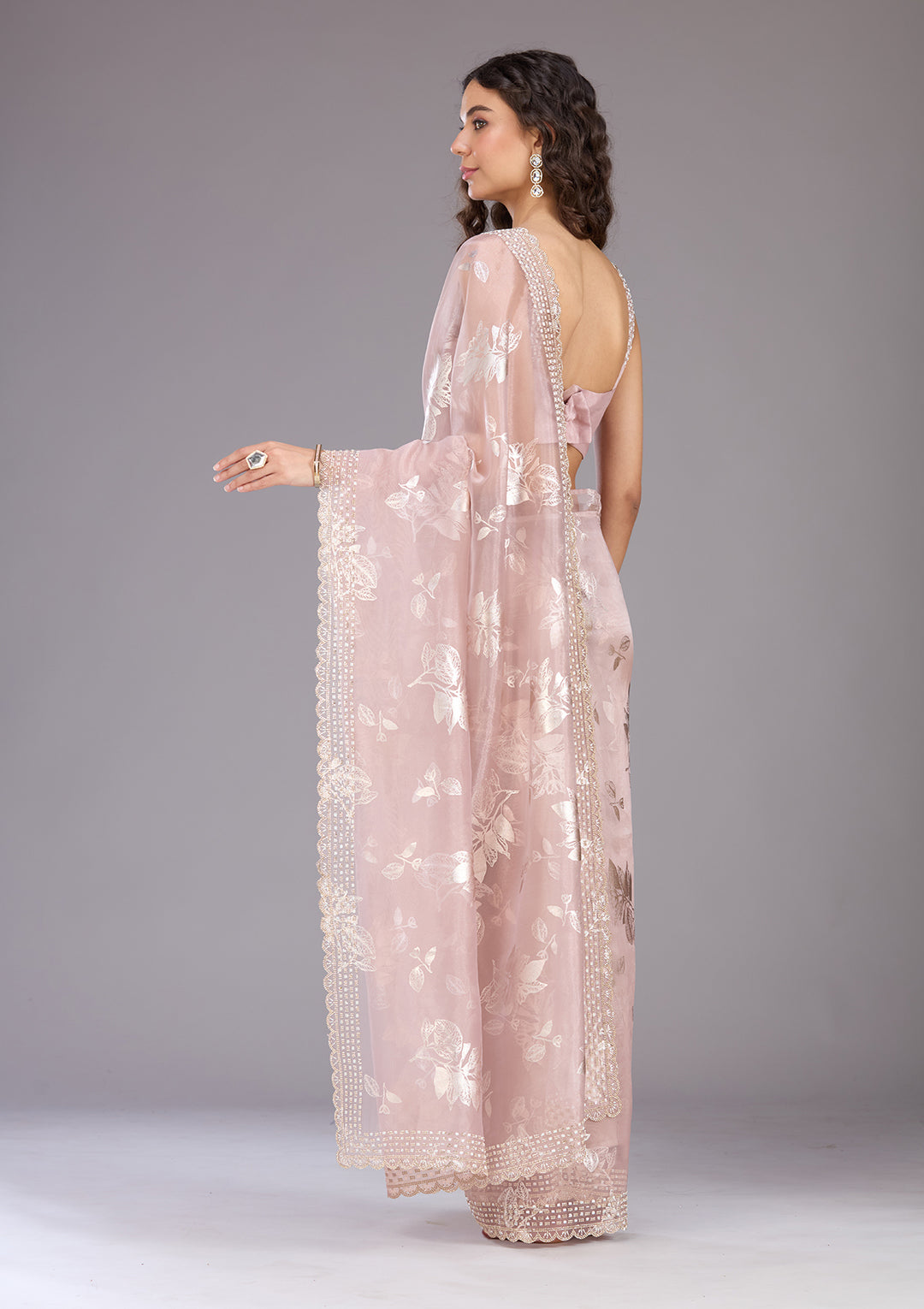 Onion Pink Stonework (Gold) Organza Saree