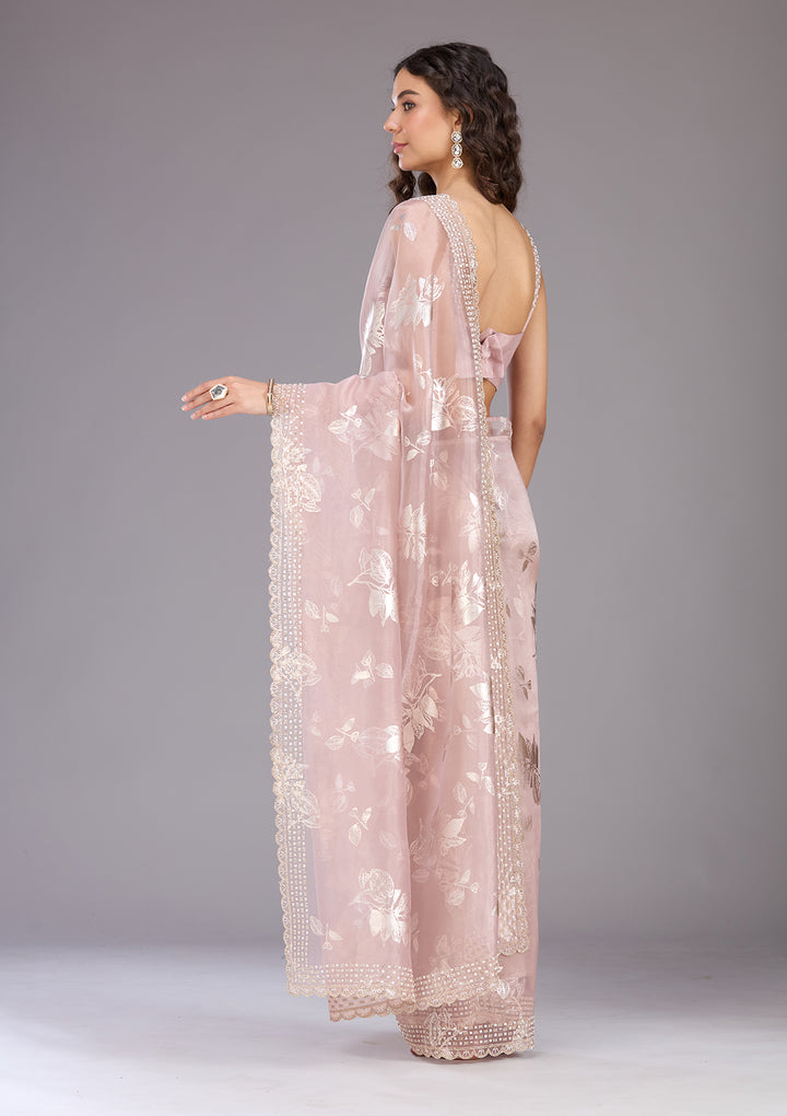 Onion Pink Stonework (Gold) Organza Saree