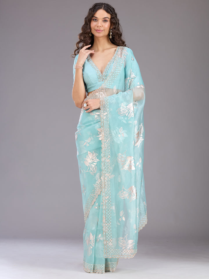 Sea Green Stonework (Gold) Organza Saree