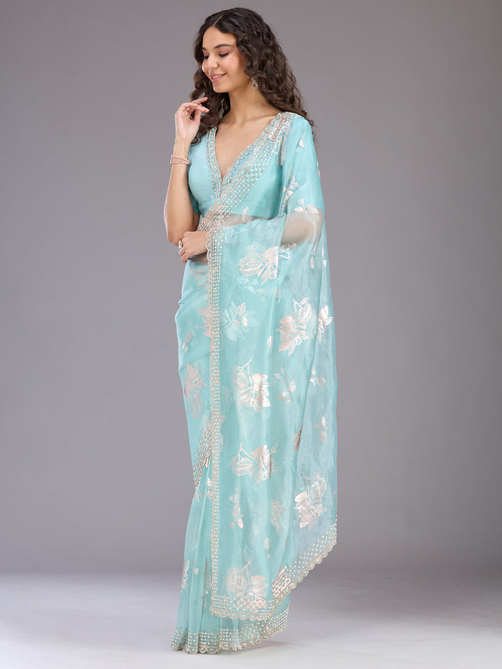 Sea Green Stonework (Gold) Organza Saree
