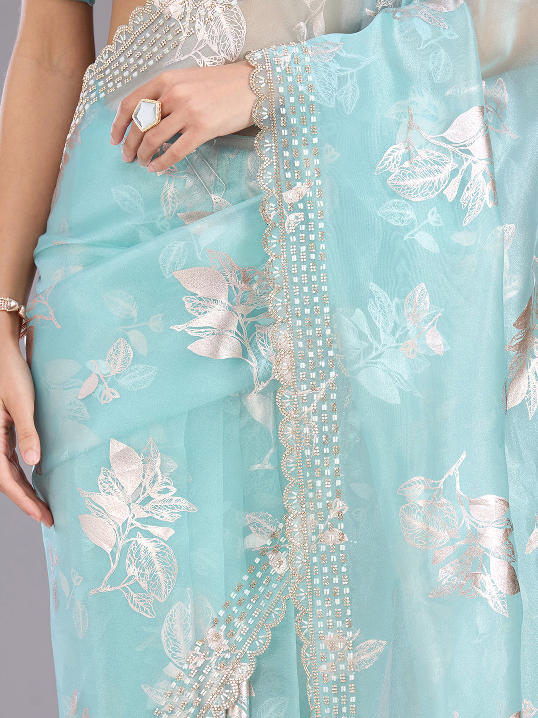 Sea Green Stonework (Gold) Organza Saree