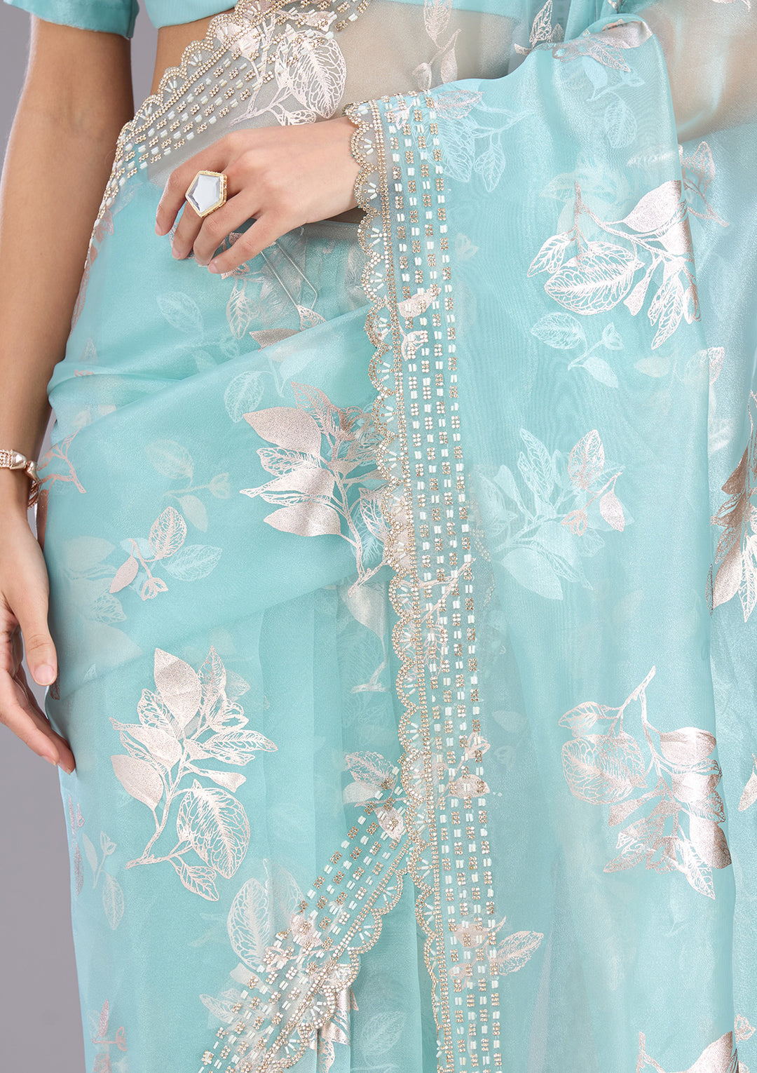 Sea Green Stonework (Gold) Organza Saree