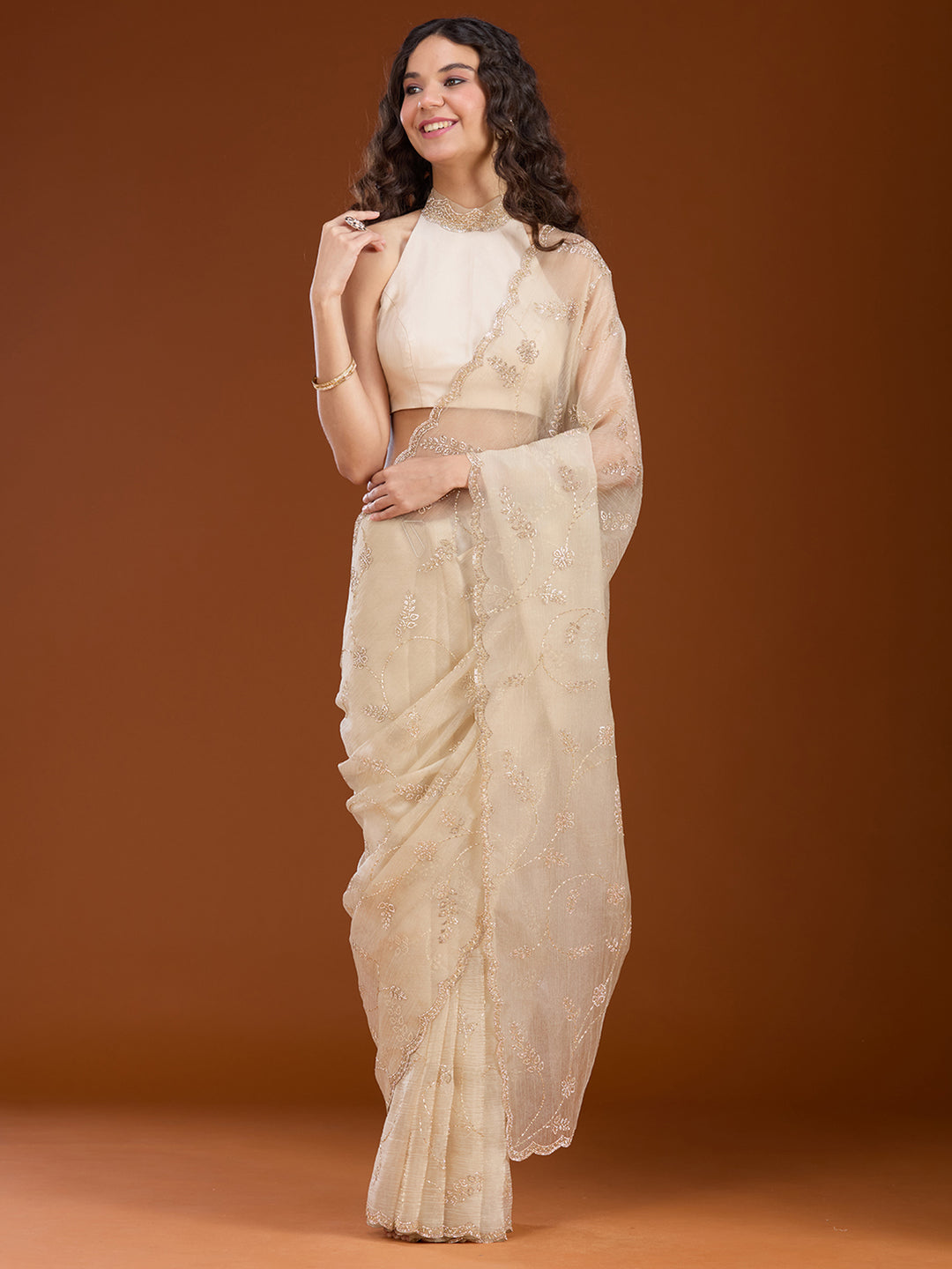 Beige Stonework (Gold) Chiffon Saree