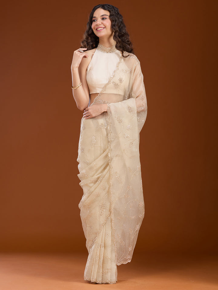 Beige Stonework (Gold) Chiffon Saree