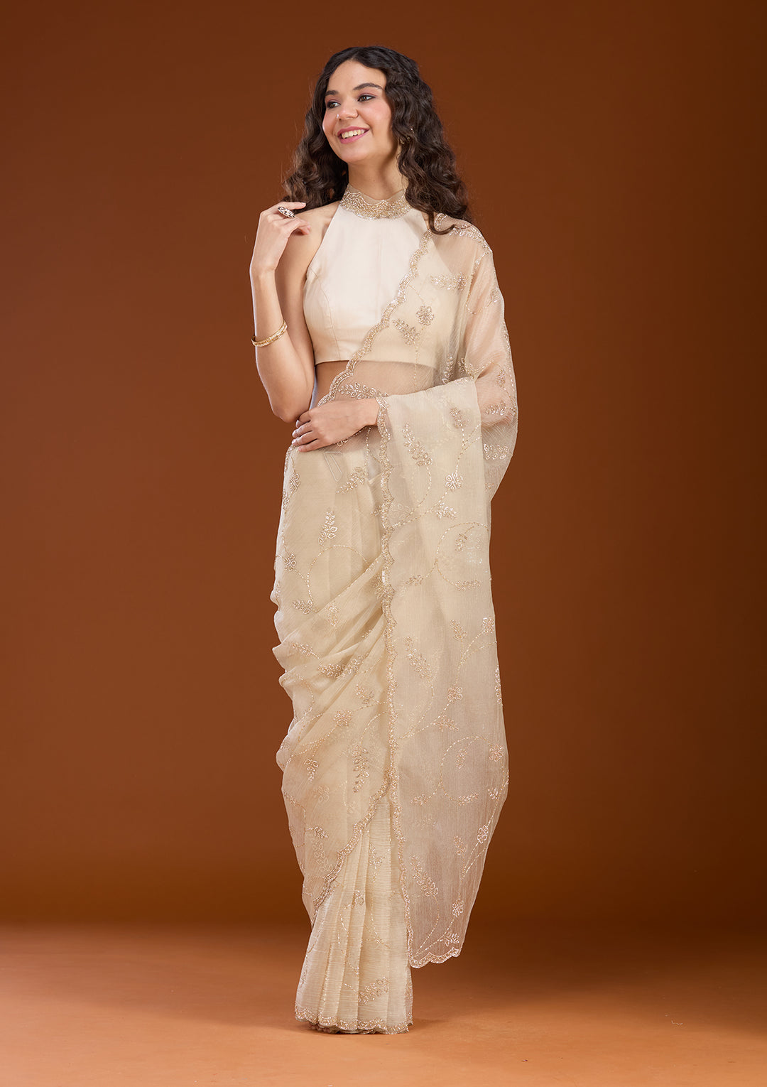 Beige Stonework (Gold) Chiffon Saree