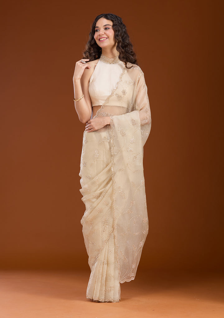 Beige Stonework (Gold) Chiffon Saree