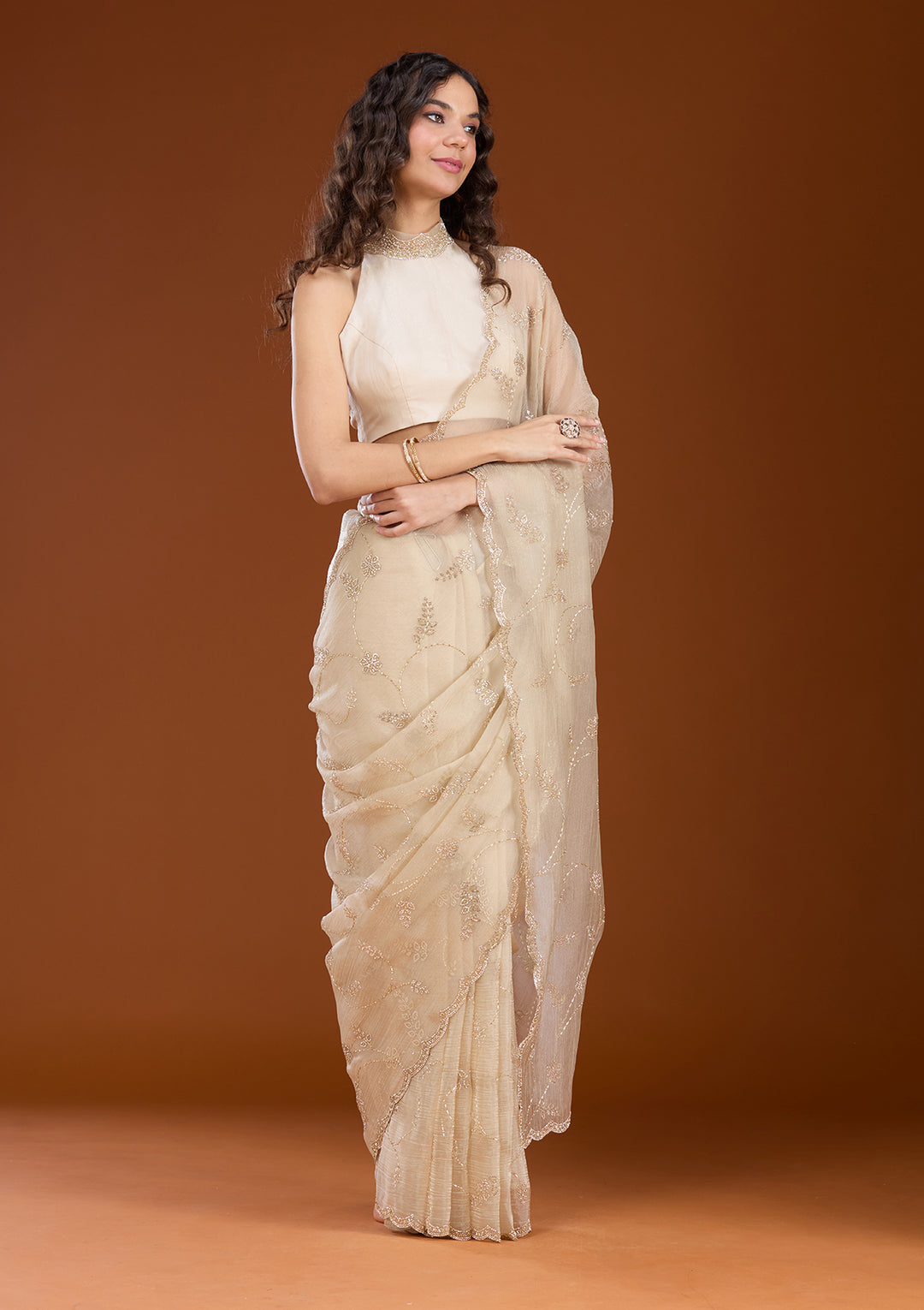 Beige Stonework (Gold) Chiffon Saree
