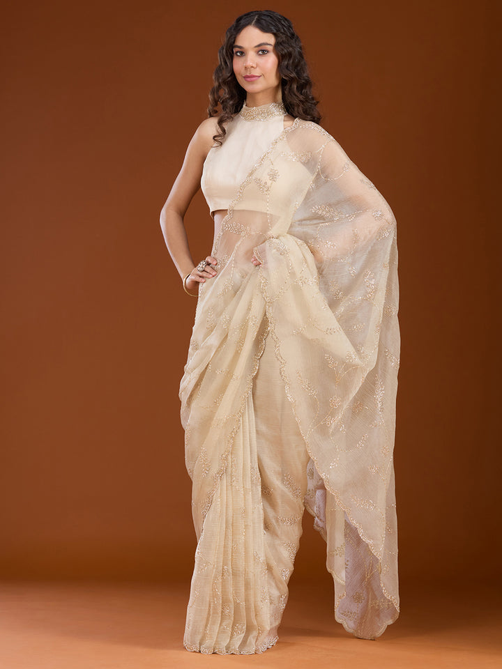 Beige Stonework (Gold) Chiffon Saree