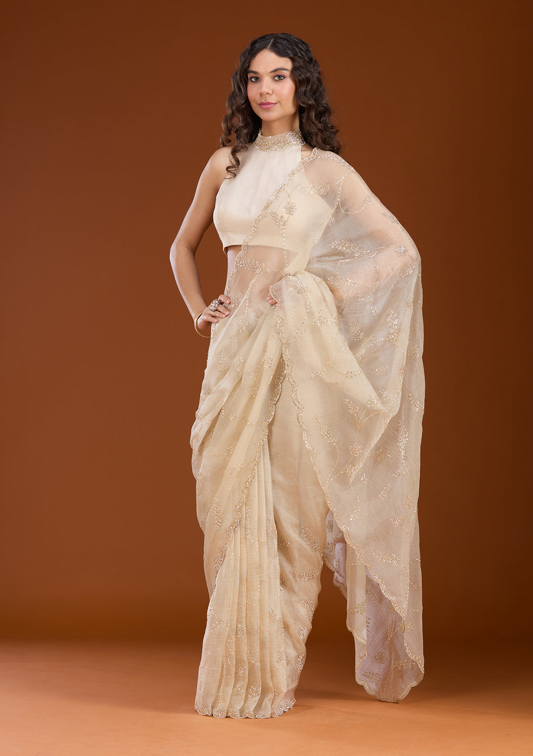 Beige Stonework (Gold) Chiffon Saree