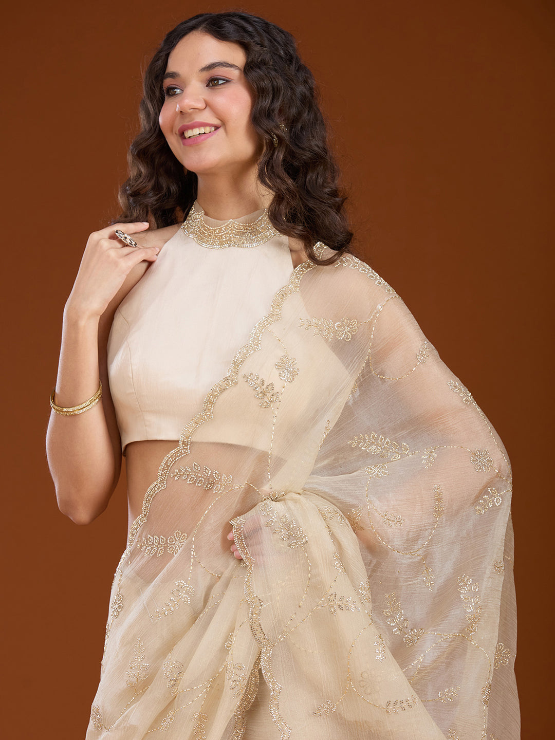 Beige Stonework (Gold) Chiffon Saree