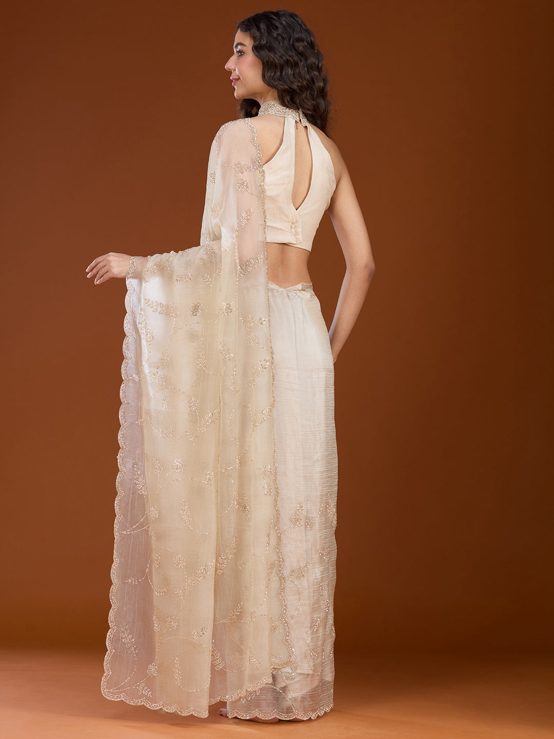 Beige Stonework (Gold) Chiffon Saree