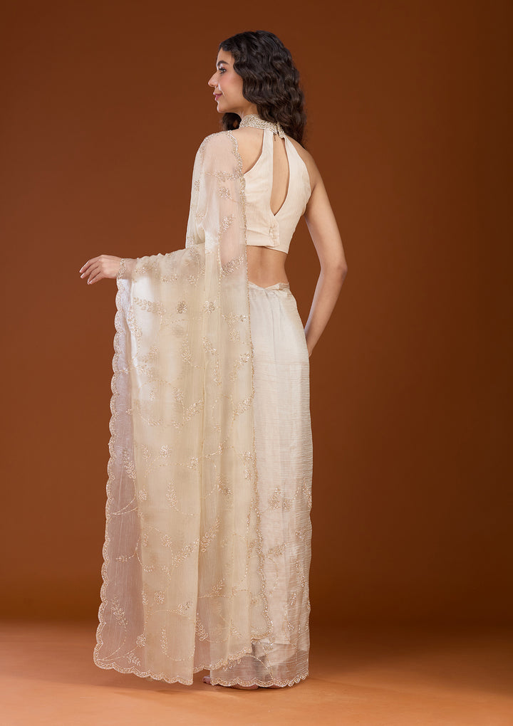 Beige Stonework (Gold) Chiffon Saree