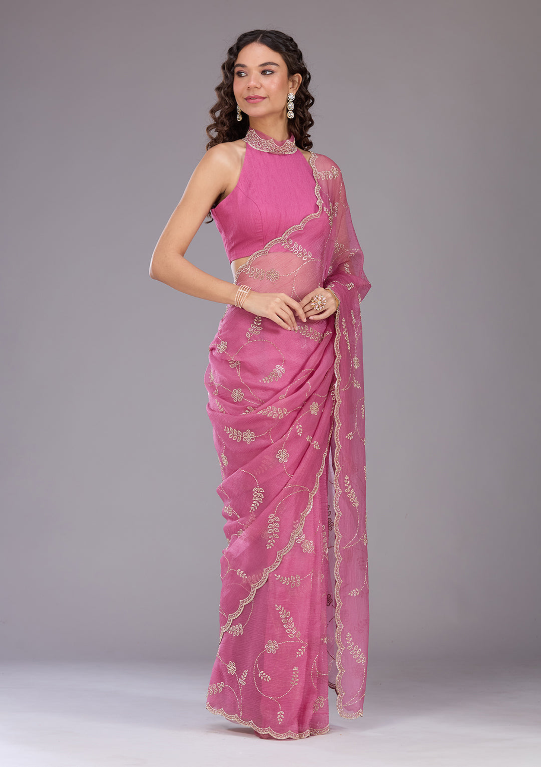 Onion Pink Stonework (Gold) Chiffon Saree