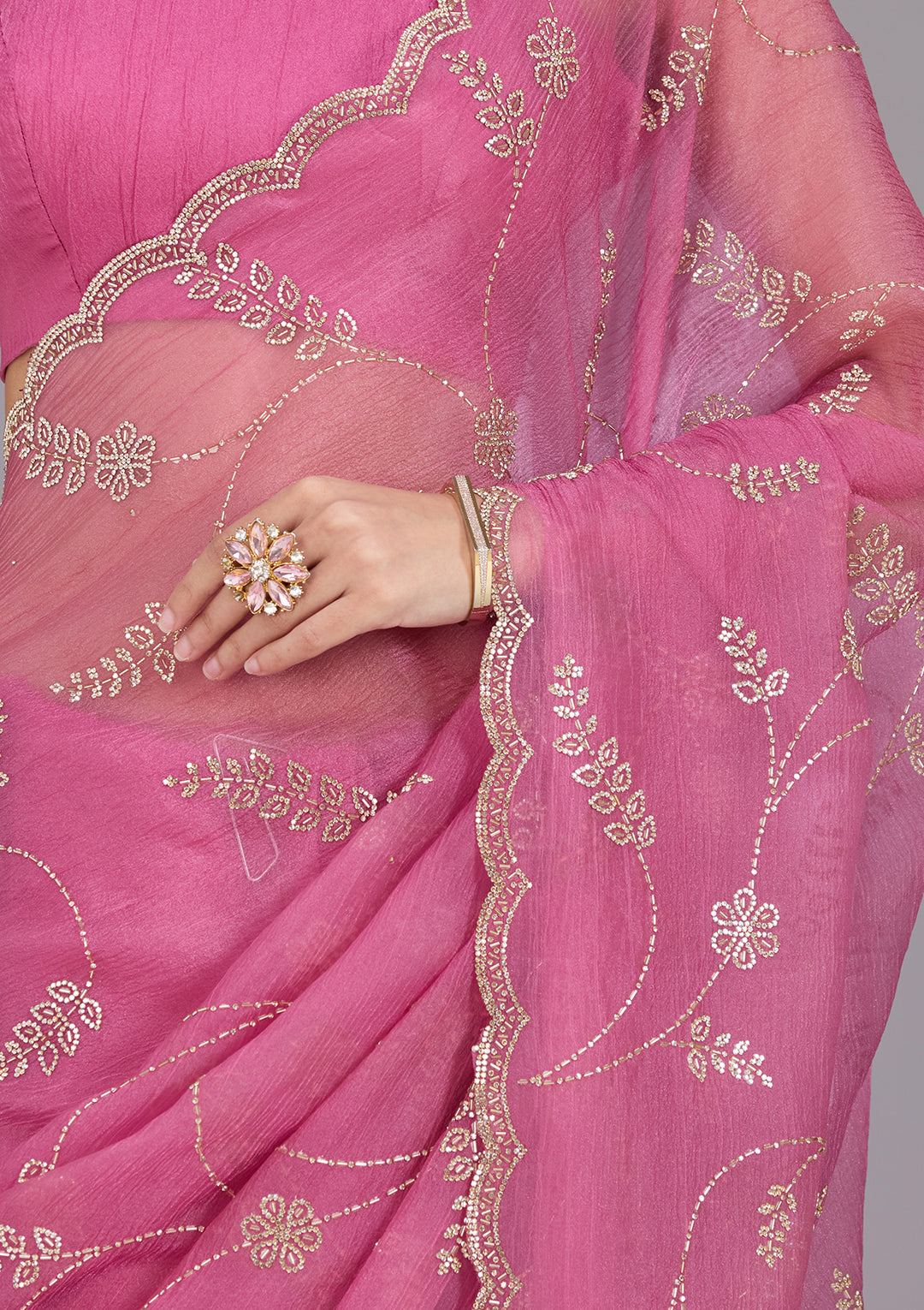 Onion Pink Stonework (Gold) Chiffon Saree