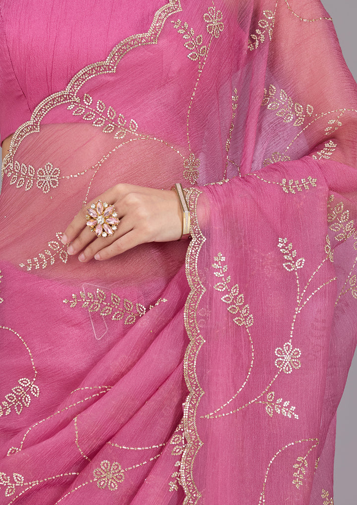 Onion Pink Stonework (Gold) Chiffon Saree