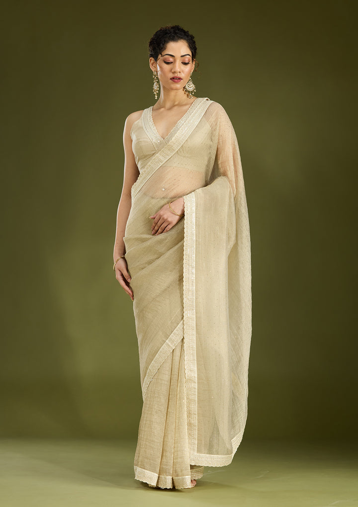Beige Zariwork (Gold) Tissue Saree