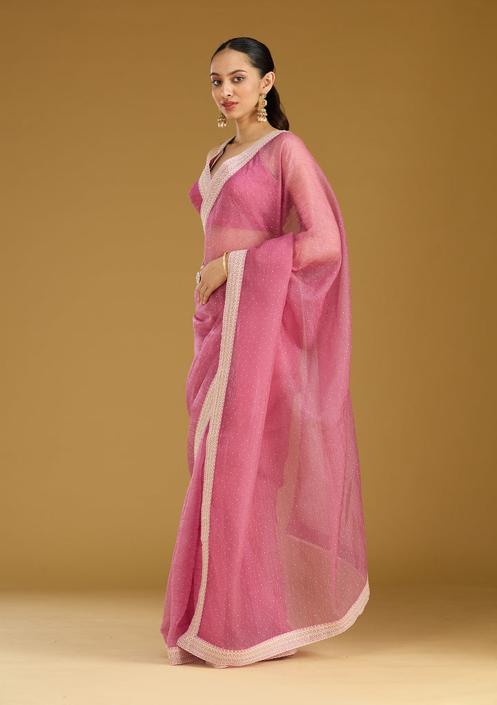 Onion Pink Zariwork (Gold) Tissue Saree