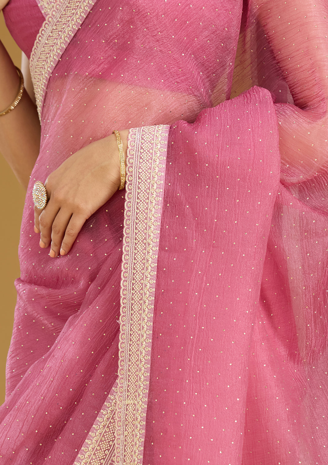 Onion Pink Zariwork (Gold) Tissue Saree