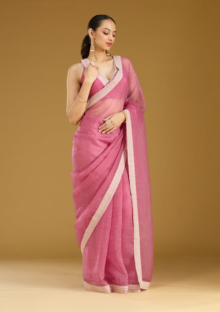 Onion Pink Zariwork (Gold) Tissue Saree