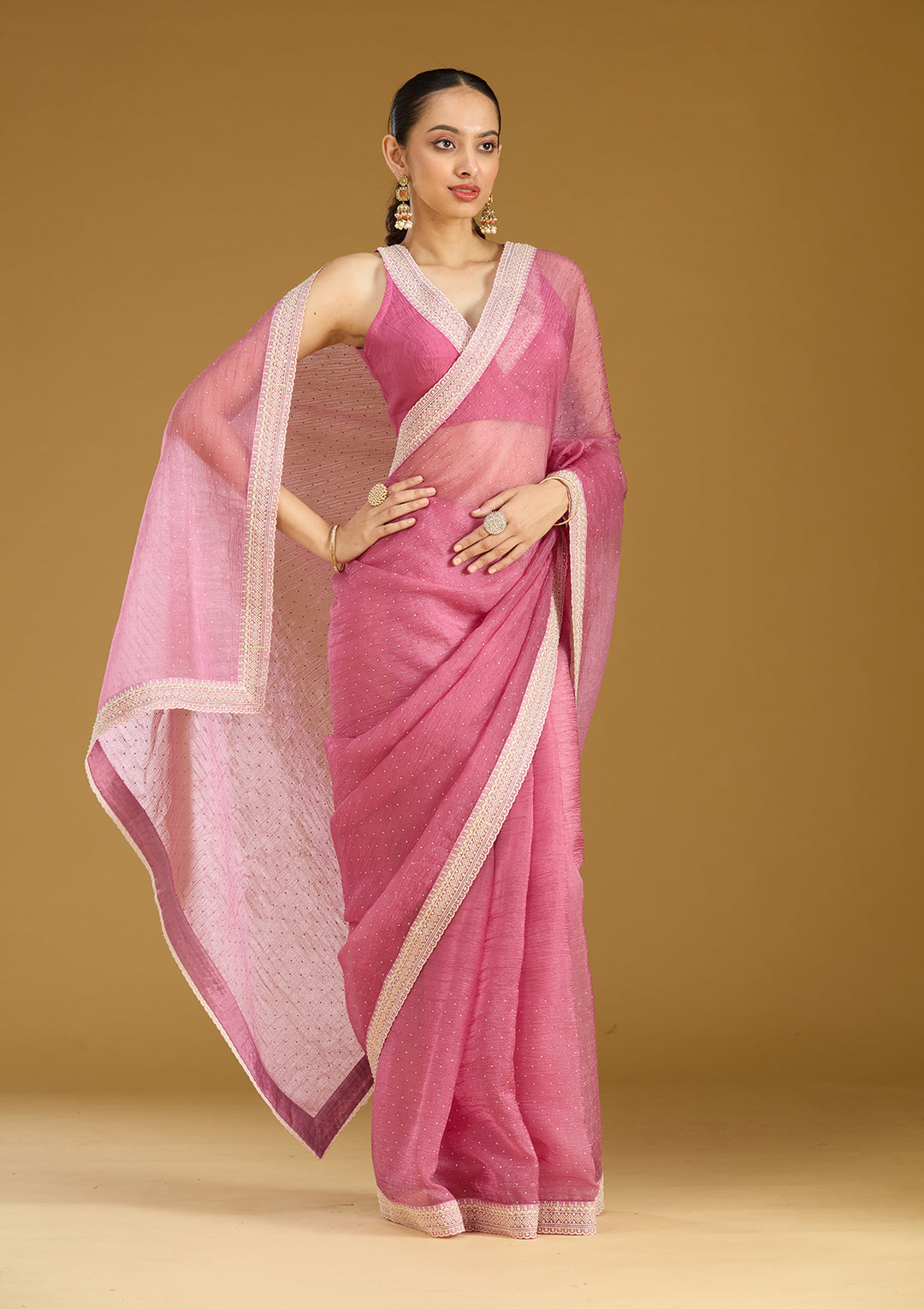 Onion Pink Zariwork (Gold) Tissue Saree