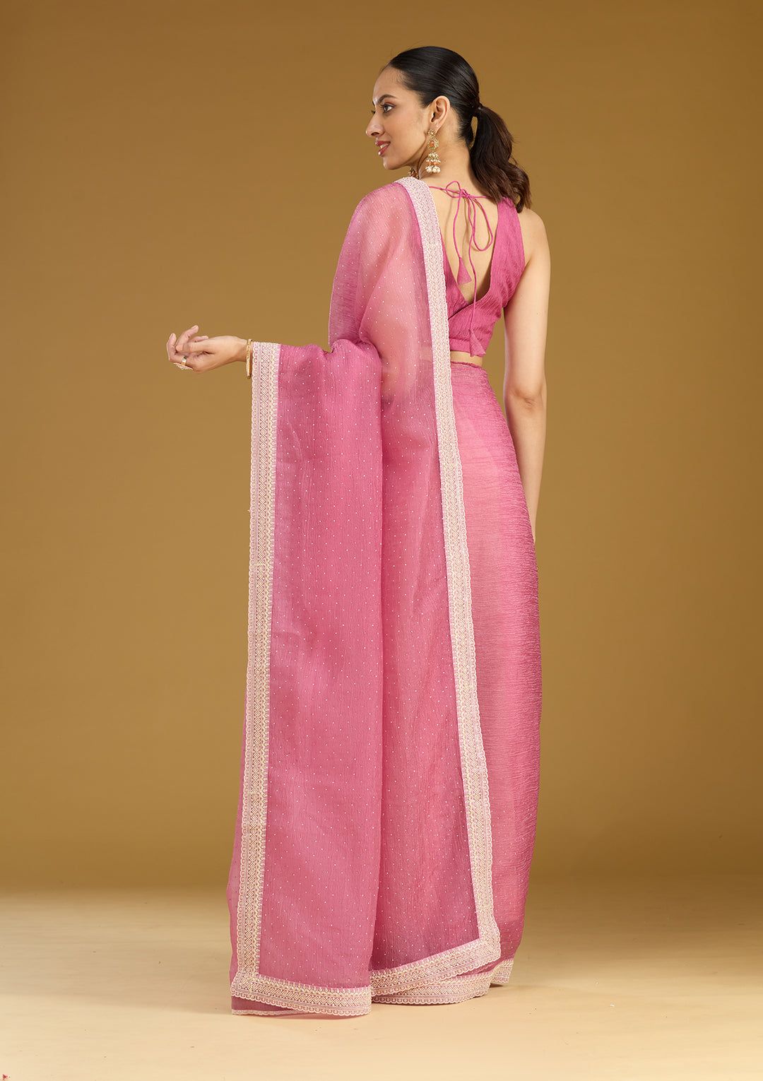 Onion Pink Zariwork (Gold) Tissue Saree