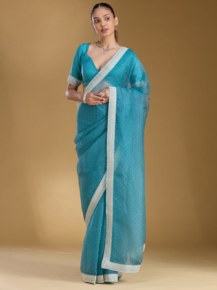 Sky Blue Zariwork (Gold) Tissue Saree