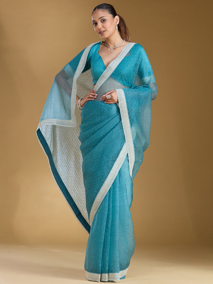 Sky Blue Zariwork (Gold) Tissue Saree