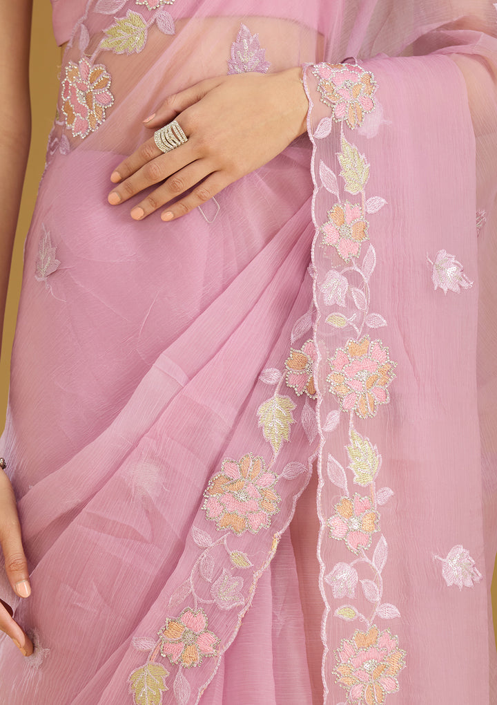 Lavender Threadwork Chiffon Saree