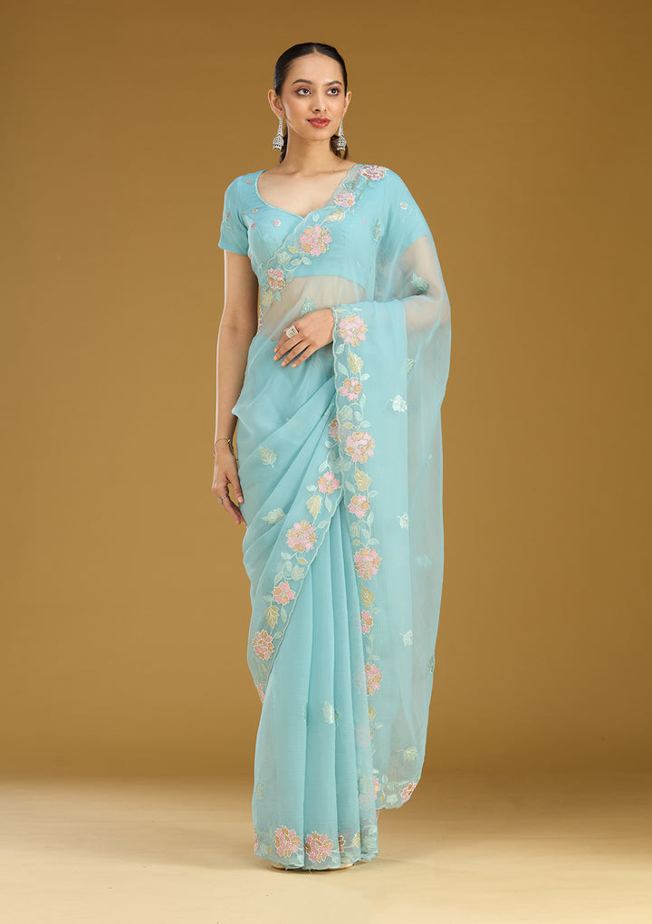 Sky Blue Threadwork Chiffon Saree