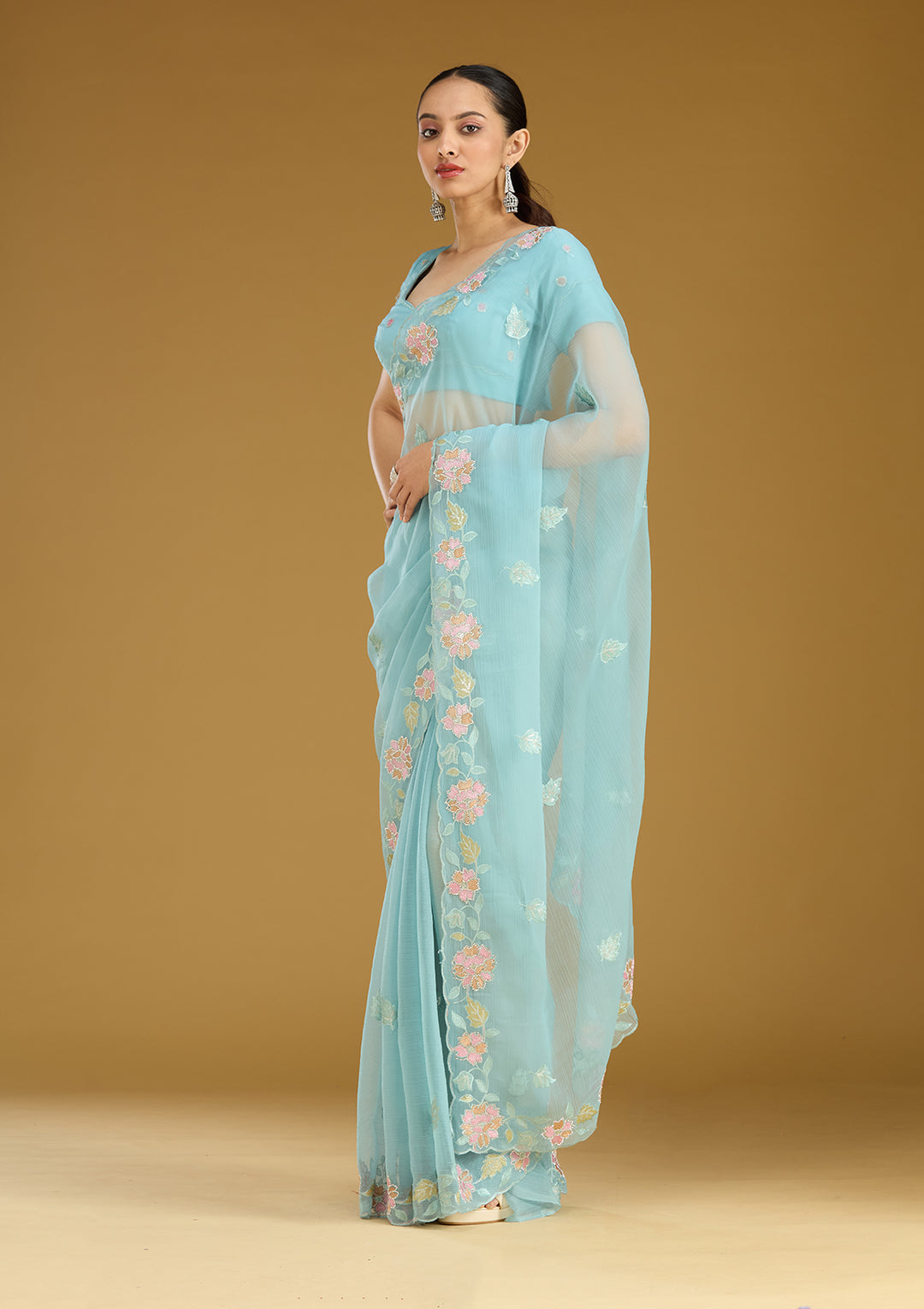Sky Blue Threadwork Chiffon Saree