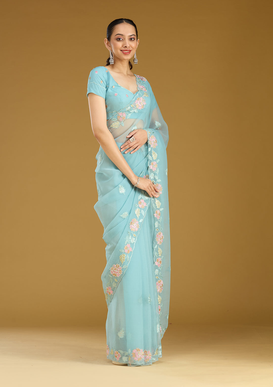 Sky Blue Threadwork Chiffon Saree