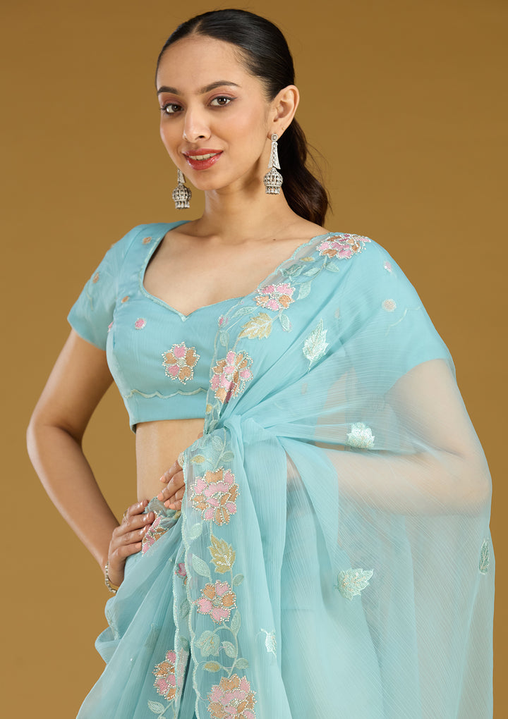 Sky Blue Threadwork Chiffon Saree
